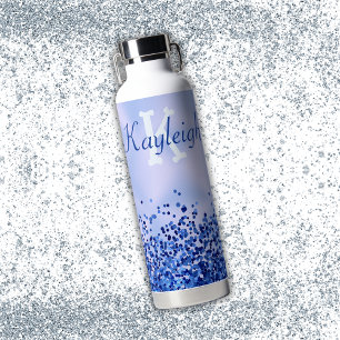 Simple Blue Brushed Metal and Glitter Monogram Water Bottle