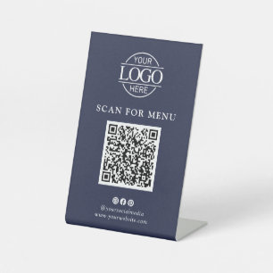 Simple Blue Business Logo Contactles QR Code Menu Pedestal Sign