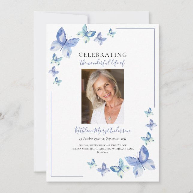 Simple Blue Butterfly Celebration of Life Invitati Invitation (Front)