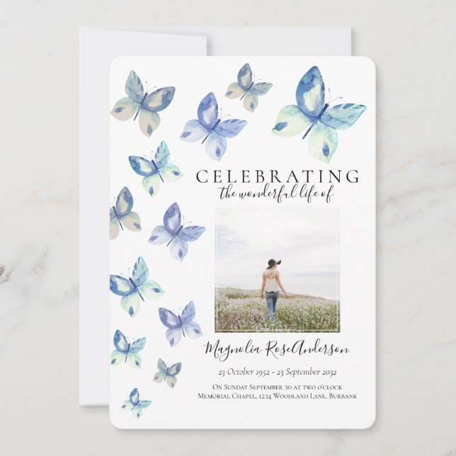 Simple Blue Butterfly Funeral Invitation (Front)