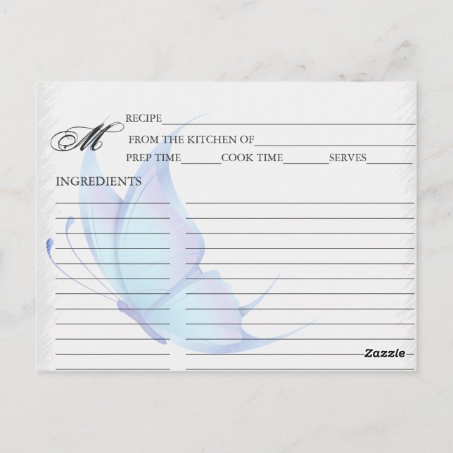 Simple Blue Butterfly Recipe Cards (Back)