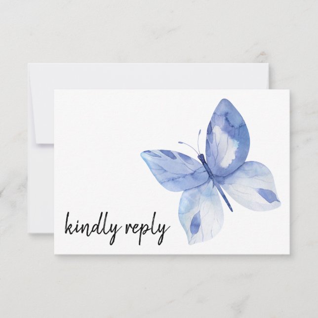 Simple Blue Butterfly Watercolor Kindly Reply RSVP Card (Front)