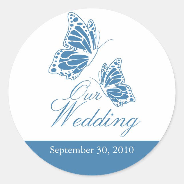Simple Blue Butterfly Wedding Announcement Classic Round Sticker (Front)