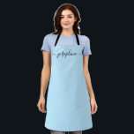 Simple Blue Chic Elegant Name Script Apron<br><div class="desc">She'll love a personalised apron as she bakes those goodies,  cooks delicious dishes or work with her plants. A perfect gift to encourage her talents. Black script for the name with long-tail embellishments on blue.</div>