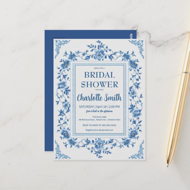 Simple Blue Chinoiserie Floral bridal shower Postcard (Front/Back In Situ)