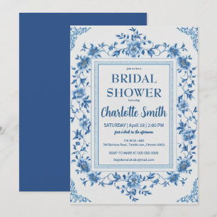 Simple Blue Chinoiserie Floral bridal shower Save The Date