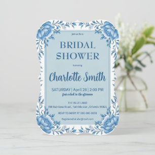 Simple Blue Chinoiserie flower bridal shower Save The Date