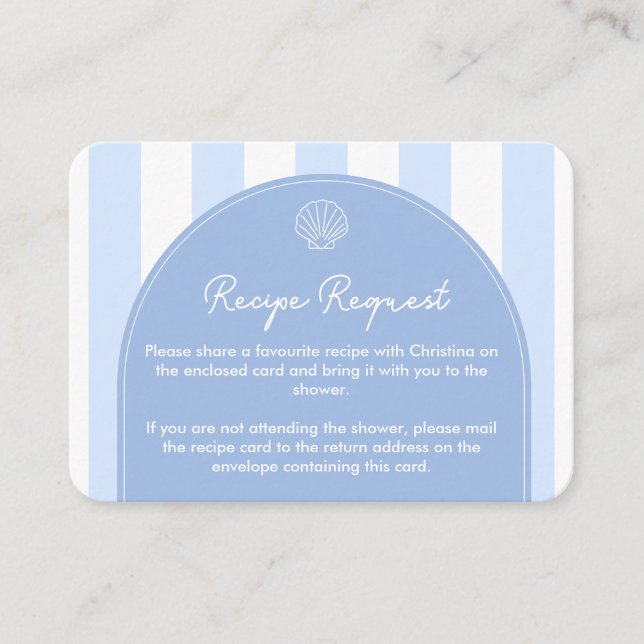 Simple Blue Coastal Bridal Shower Recipe Request Enclosure Card (Front)