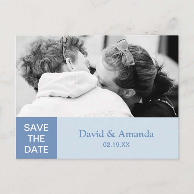 Simple Blue Colour Block Couple Photo Save The Dat Announcement Postcard (Front)