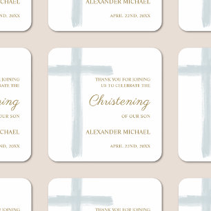 Simple Blue Cross Christening Baptism Thank You Square Sticker