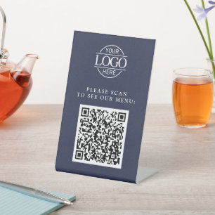 Simple Blue Custom Business Logo QR Code Menu  Pedestal Sign