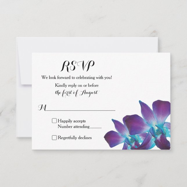 Simple Blue Dendrobium Orchid Wedding RSVP Card (Front)