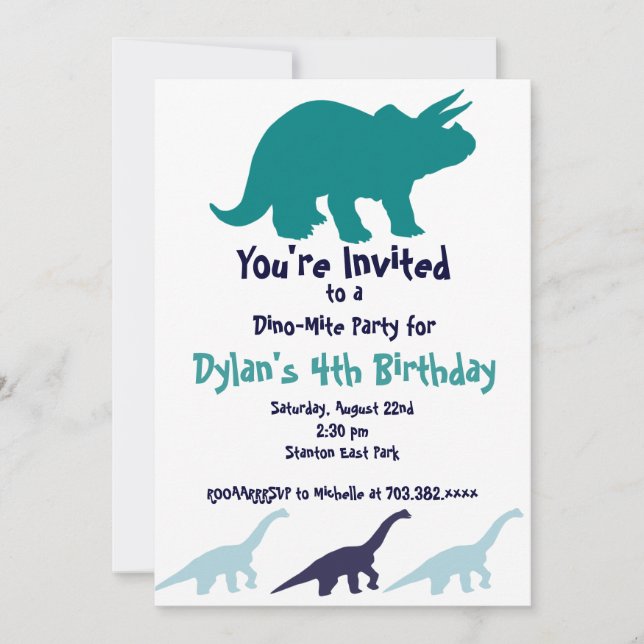 Simple Blue Dinosaur Birthday Party Invitations (Front)