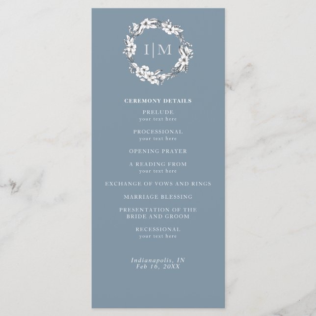 Simple Blue Floral Monogram Wedding Program Programme (Front)