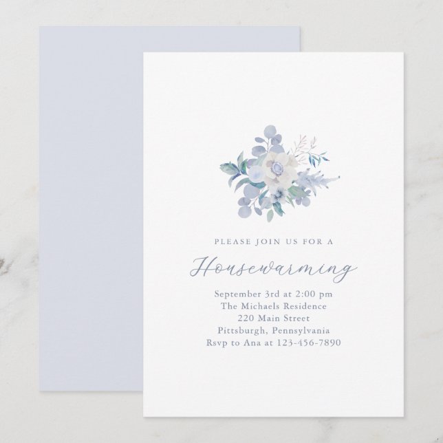 Simple Blue Floral New Home Housewarming Party Announcement (Front/Back)