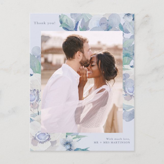 Simple Blue Floral One Photo Wedding Thank You Postcard (Front)