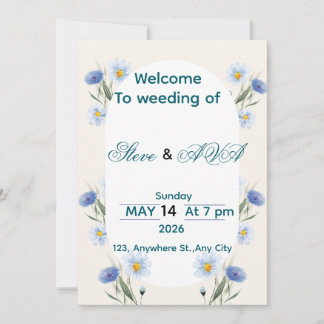 Simple Blue Floral Wedding Invitation