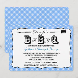 Simple Blue Gingham BBQ Baby Shower Invitations