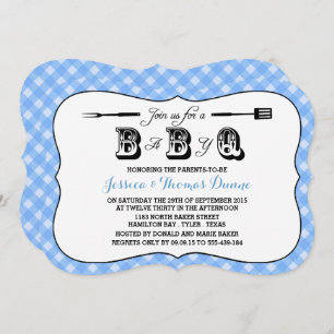 Simple Blue Gingham BBQ Baby Shower Invitations