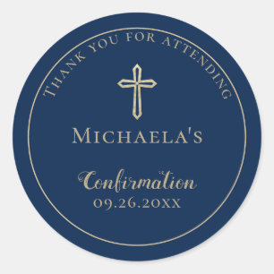 Simple Blue Gold Cross Confirmation Classic Round Sticker