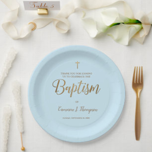 Simple Blue Gold Cross Custom Baby Baptism Paper Plate
