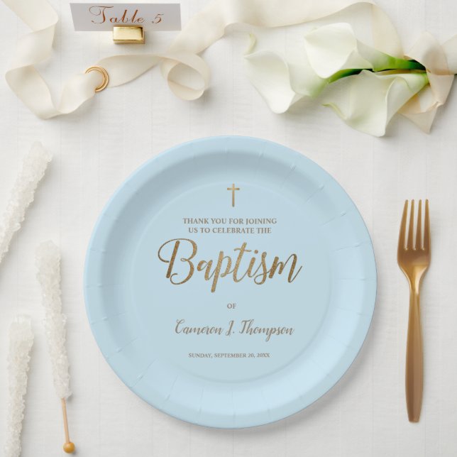 Simple Blue Gold Cross Custom Baby Baptism  Paper Plate (Wedding)