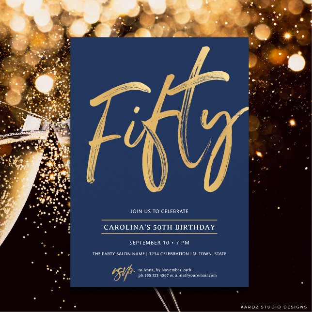 Simple Blue Gold Fifty 50th Birthday Invitation (The front of the invitation is shown at a 5x7 inch size. Choose size, paper, + corner style.)