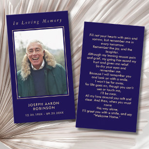 Simple Blue Gold Photo Memorial Prayer Card