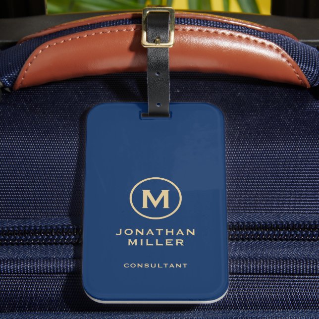 Simple Blue Golden Monogram Luggage Tag (Front Insitu 2)