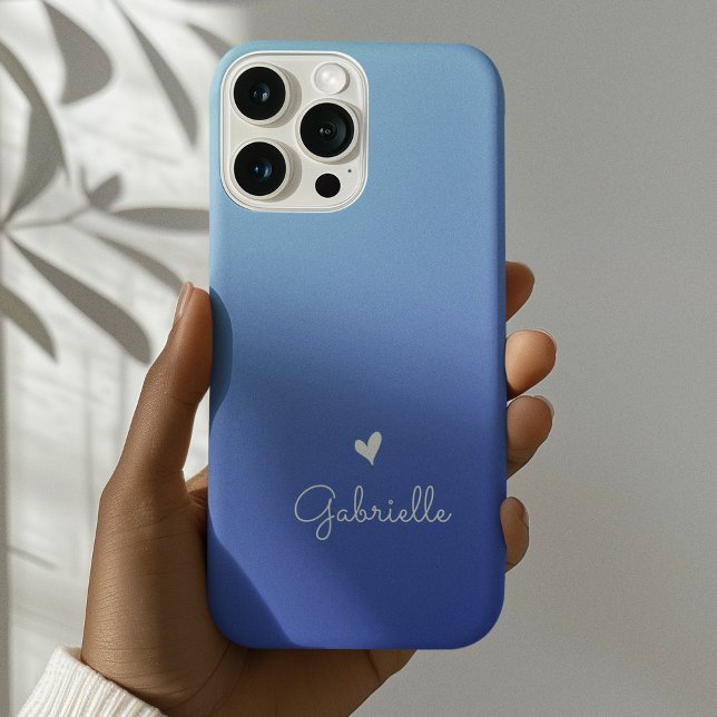 Simple Blue Gradient Heart Minimal Script Name iPhone Case (Creator Uploaded)