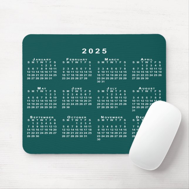 Simple Blue-Green and White 2025 Calendar Mouse Mat (With Mouse)