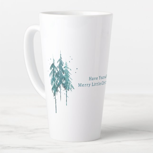 Simple Blue-Green Watercolor Pine Trees Christmas  Latte Mug (Left Angle)