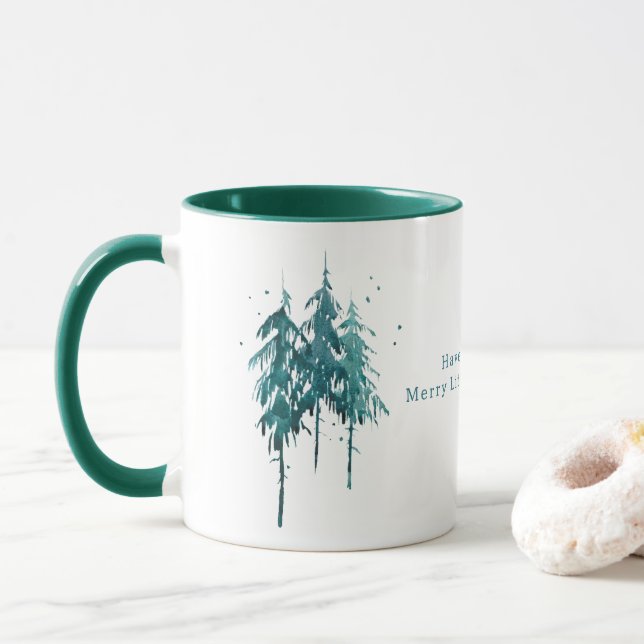 Simple Blue-Green Watercolor Pine Trees Christmas Mug (With Donut)