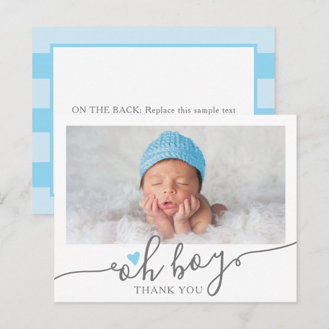 Simple Blue Heart Boy Baby Shower Photo Thank You Card (Front/Back)