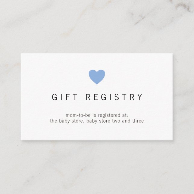 Simple Blue Heart Gift Registry Boy Baby Shower Enclosure Card (Front)