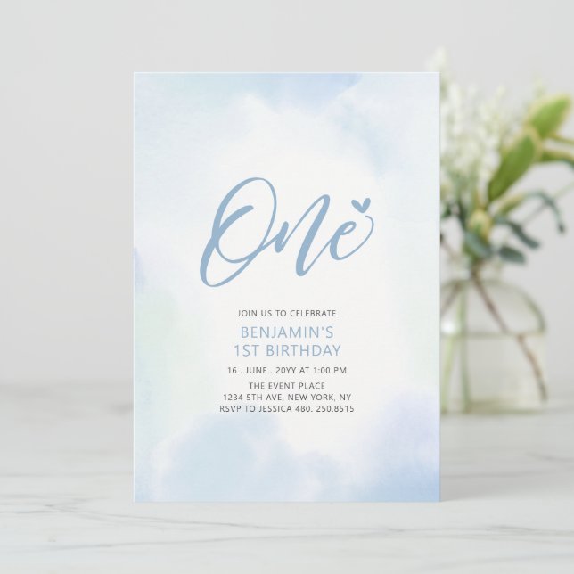 Simple Blue Heart One 1st Boy Birthday Party Invitation (Standing Front)