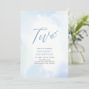 Simple Blue Heart Two 2nd Boy Birthday Party Invitation