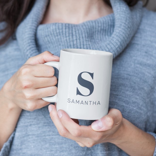 Simple Blue Initial Letter Modern Monogram Coffee Mug (Creator Uploaded)