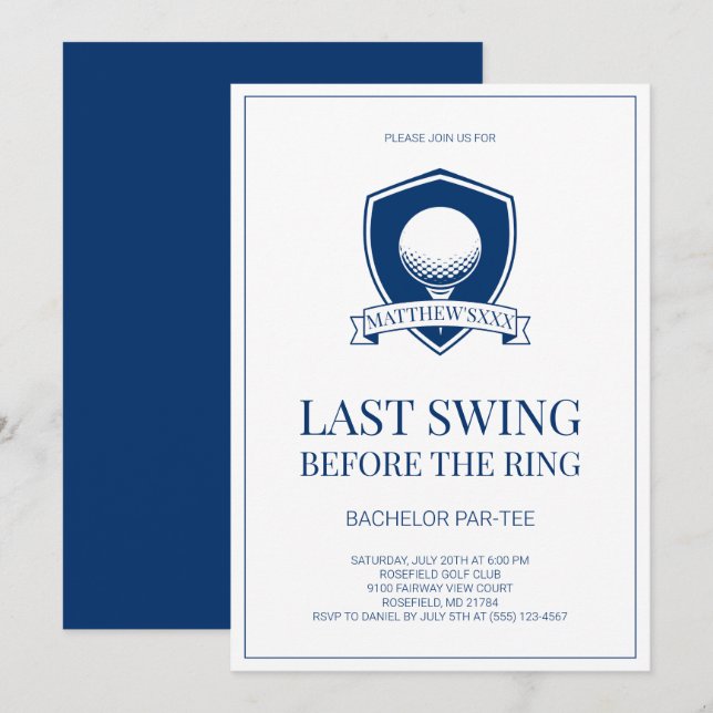 Simple Blue Last Swing Golf Bachelor Party Invitation (Front/Back)