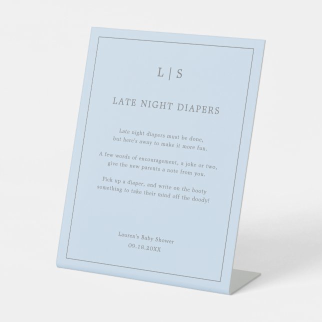 Simple Blue Late Night Diapers Baby Shower Game Pedestal Sign (Front)