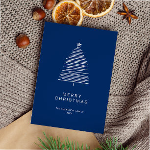 Simple Blue Line Art Merry Christmas Tree Holiday Card