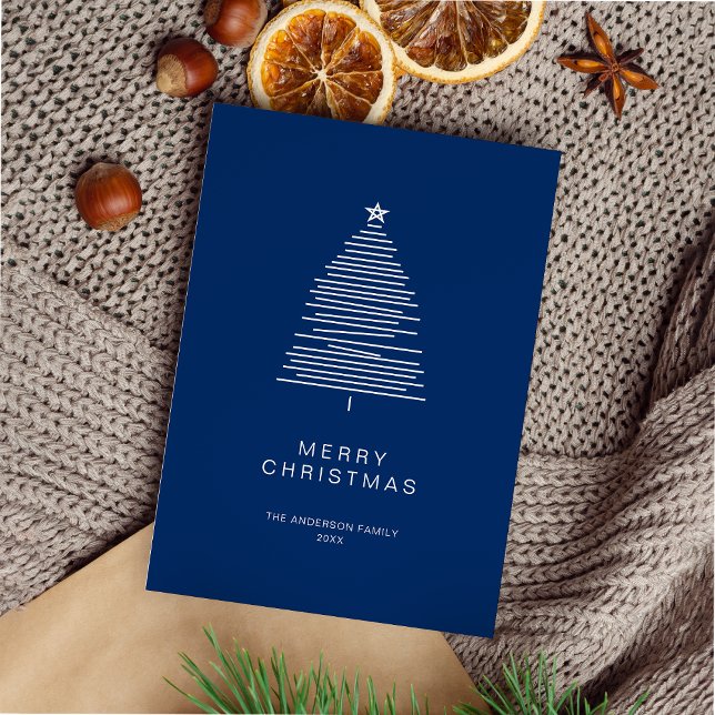Simple Blue Line Art Merry Christmas Tree Holiday Card (Creator Uploaded)
