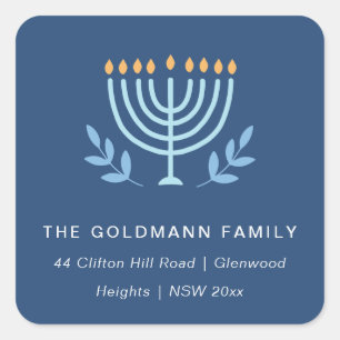 Simple Blue Menorah Candles Hanukkah Address Square Sticker