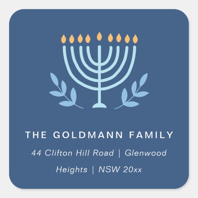 Simple Blue Menorah Candles Hanukkah Address Square Sticker (Front)