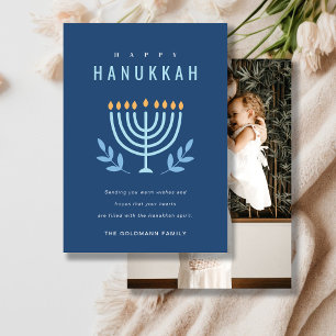 Simple Blue Menorah Candles Happy Hanukkah Photo Holiday Card