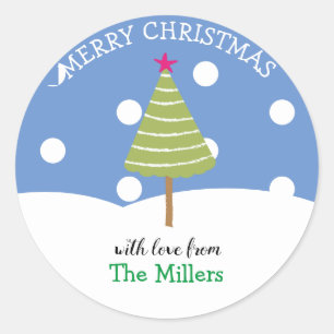 Simple Blue Merry Christmas Tree Classic Round Sticker