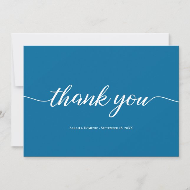 Simple Blue Minimalist Wedding Photo Thank You Card (Front)