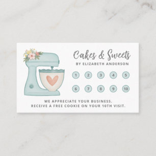 Simple Blue Mixer Floral Cake Bakery Business Loyalty Card