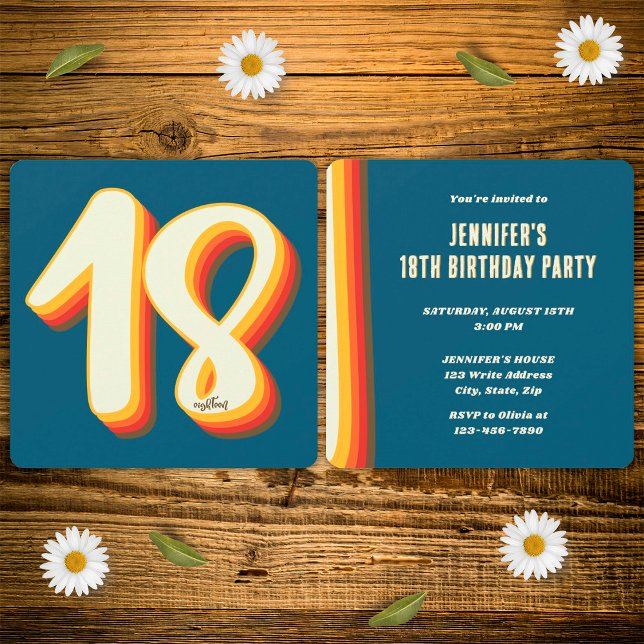 Simple Blue Modern Retro Groovy 18th Birthday Invitation (Front and Back)