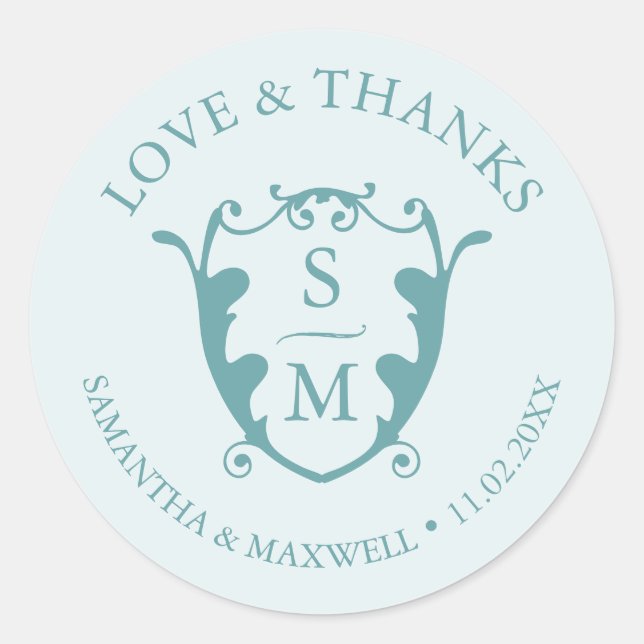 Simple Blue Monogram Crest Thank You Wedding Classic Round Sticker (Front)